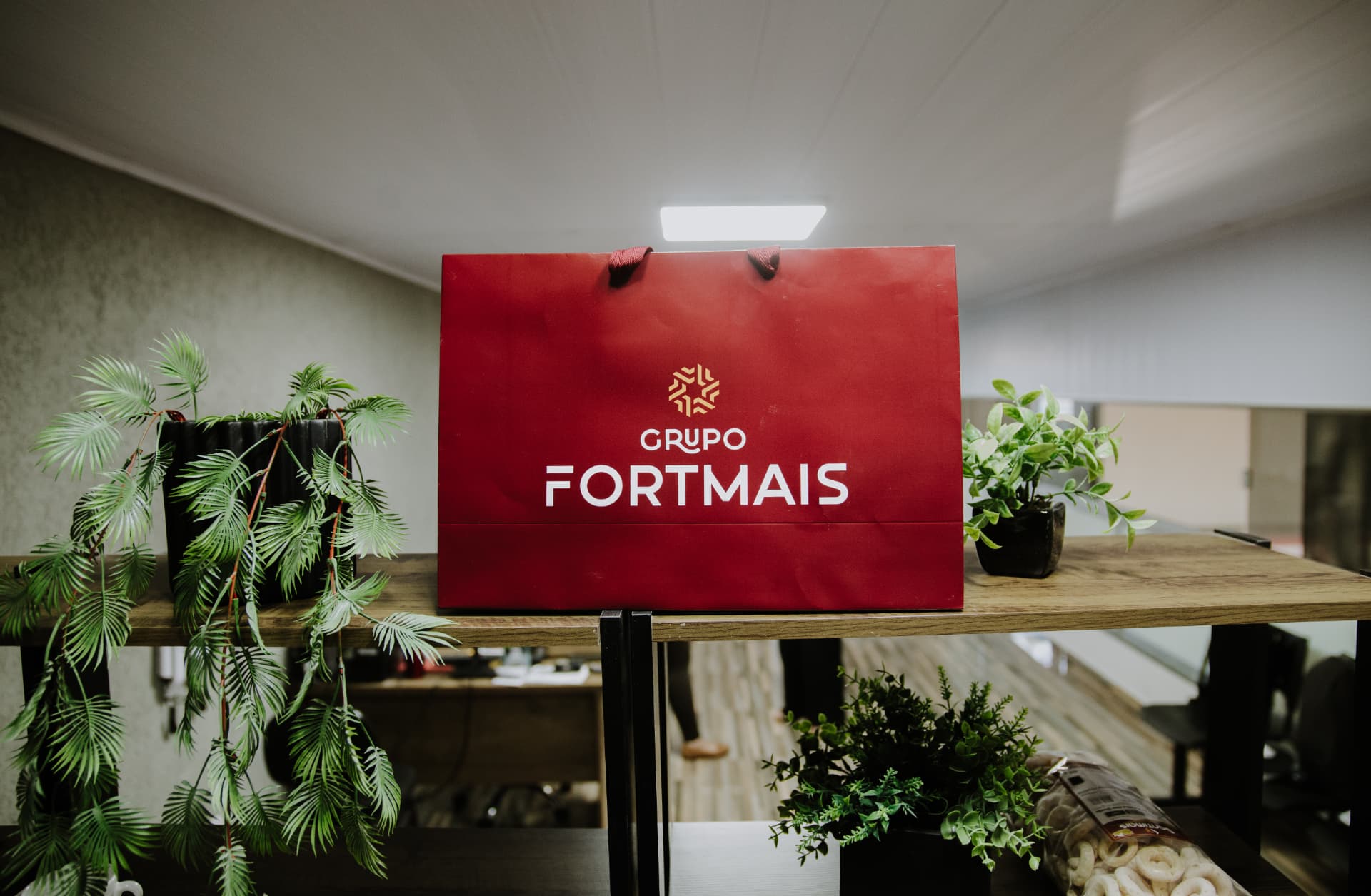 Sacola premium do Grupo Fortmais com produtos Santimais